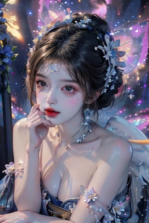 4K Ultra HD, Masterpiece, a young woman, good face, Detailed eyes, detailed lips, Flower Fairy, big wings, clear wings, neon light, (Galaxy Background:1.5), (Flower dress:1.8), (Indigo set:1.5), In heaven, sit,