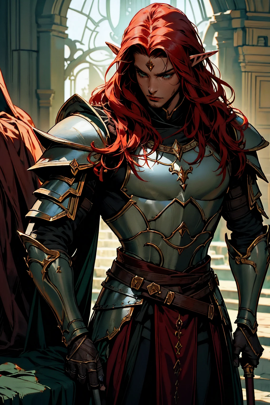 work of art, best qualityer, 1 men, grown-up, male focus, standing alone, red hair, long hair, vibrant green eyes, dark skin, ebony plus, dark elf, heavy armor, male, cloak, darkskin,  war cry, Fantasy aesthetic, highy detailed, shadowverse style, elf ear, elf knight armor. Holding Chinese halberd, going, writing, lying down, standing, on your back, fighting, dynamic poses. Get ready to dive into a world where beauty and craftsmanship merge perfectly