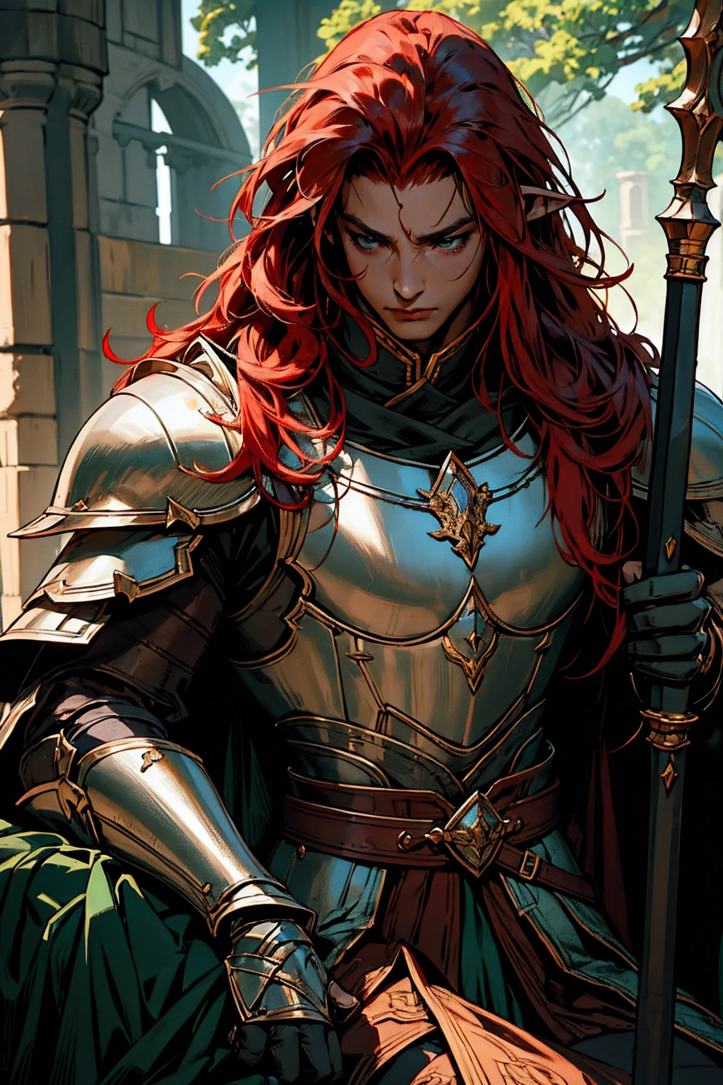 work of art, best qualityer, 1 men, grown-up, male focus, standing alone, red hair, long hair, vibrant green eyes, dark skin, ebony plus, dark elf, heavy armor, male, cloak, darkskin, war cry, Fantasy aesthetic, highy detailed, shadowverse style, elf ear, elf knight armor. Holding Chinese halberd, going, writing, lying down, standing, on your back, fighting, dynamic poses. Get ready to dive into a world where beauty and craftsmanship merge perfectly