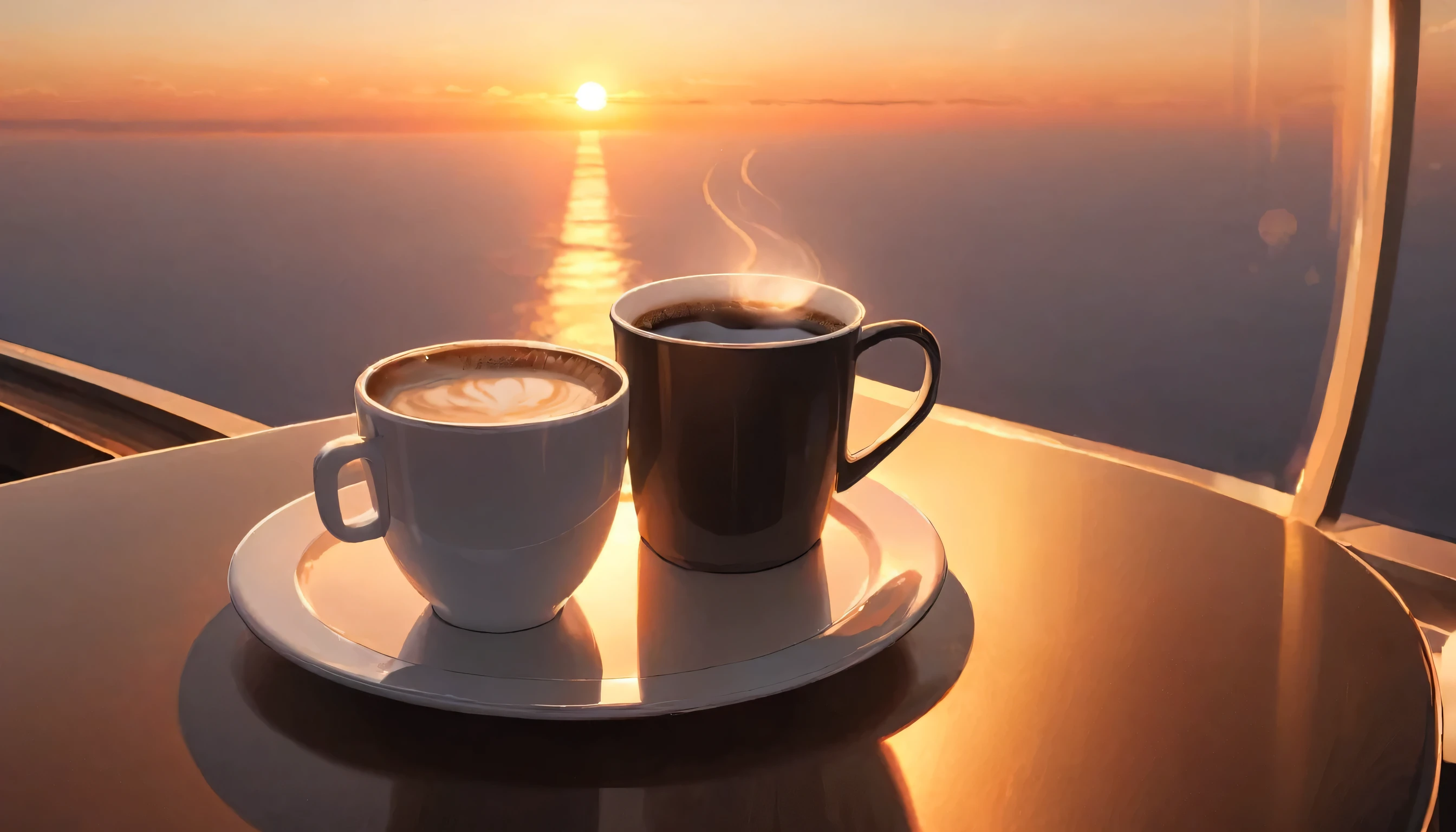 Coffee and sunrise/sunset: Spaceship in the sky. Capture something warm, The soft light of sunrise and sunset illuminates the coffee cup.、A calm and serene image.