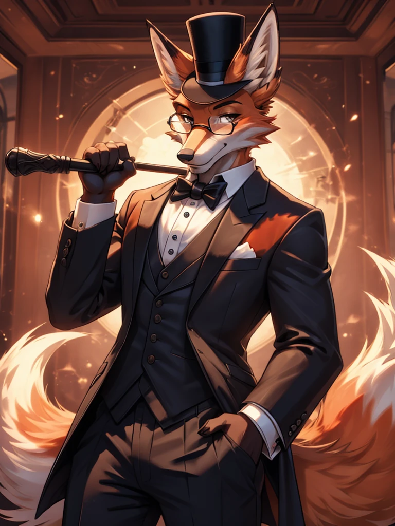 The best quality, high definition image, super calidad foxy men High Definition, kitsune ears, with modern glasses, elegant suit, high top hat and cane, executive fox, successful businessman, High Definition, modern buisnes landscape, 