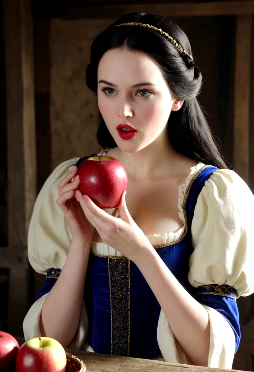 beautiful snow white eating an apple ultra nítido foco, realistic footage, medieval women&#39;s clothing, cor tetradica )