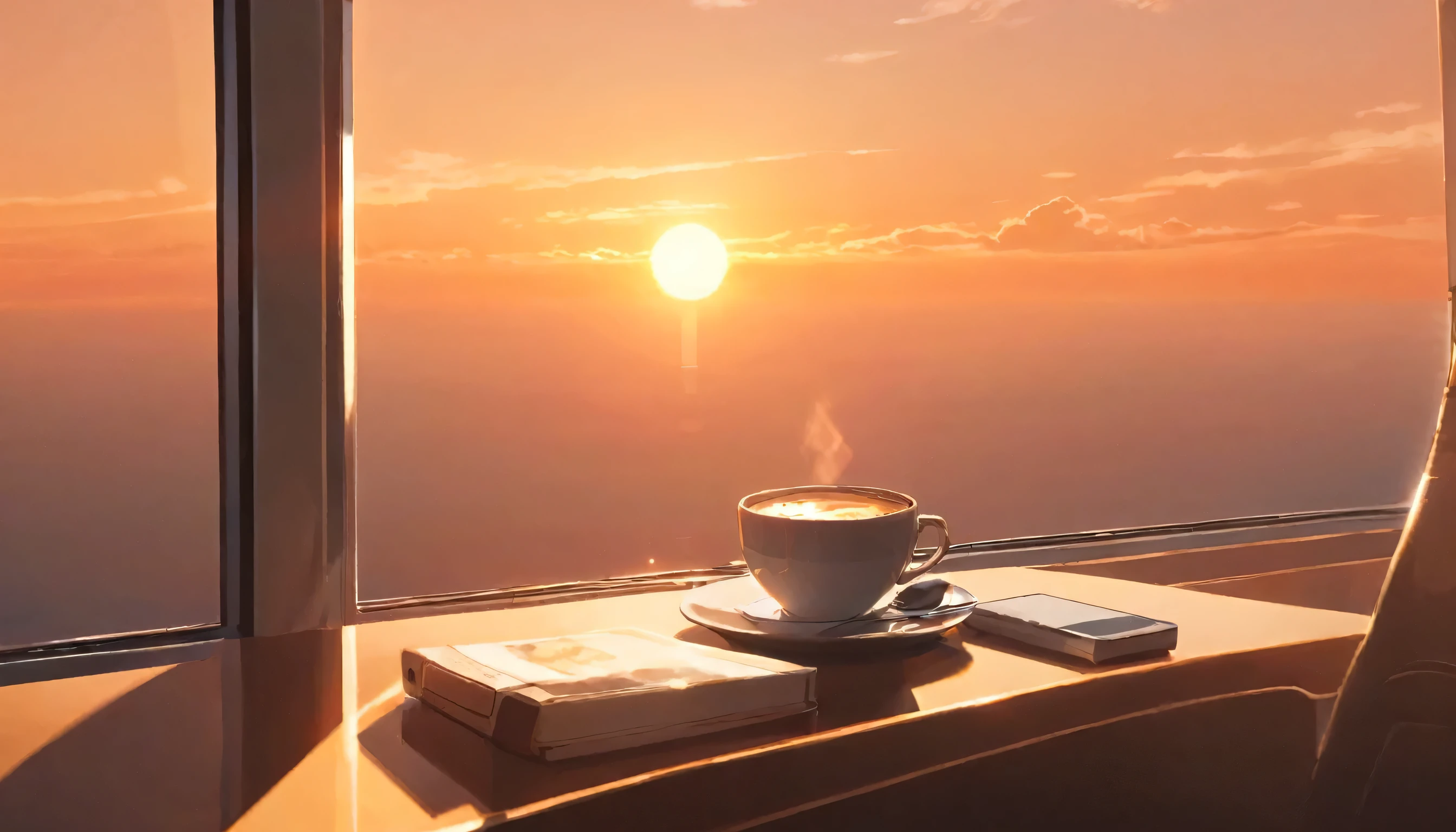 Coffee and sunrise/sunset: Spaceship in the sky. Capture something warm, The soft light of sunrise and sunset illuminates the coffee cup.、A calm and serene image.