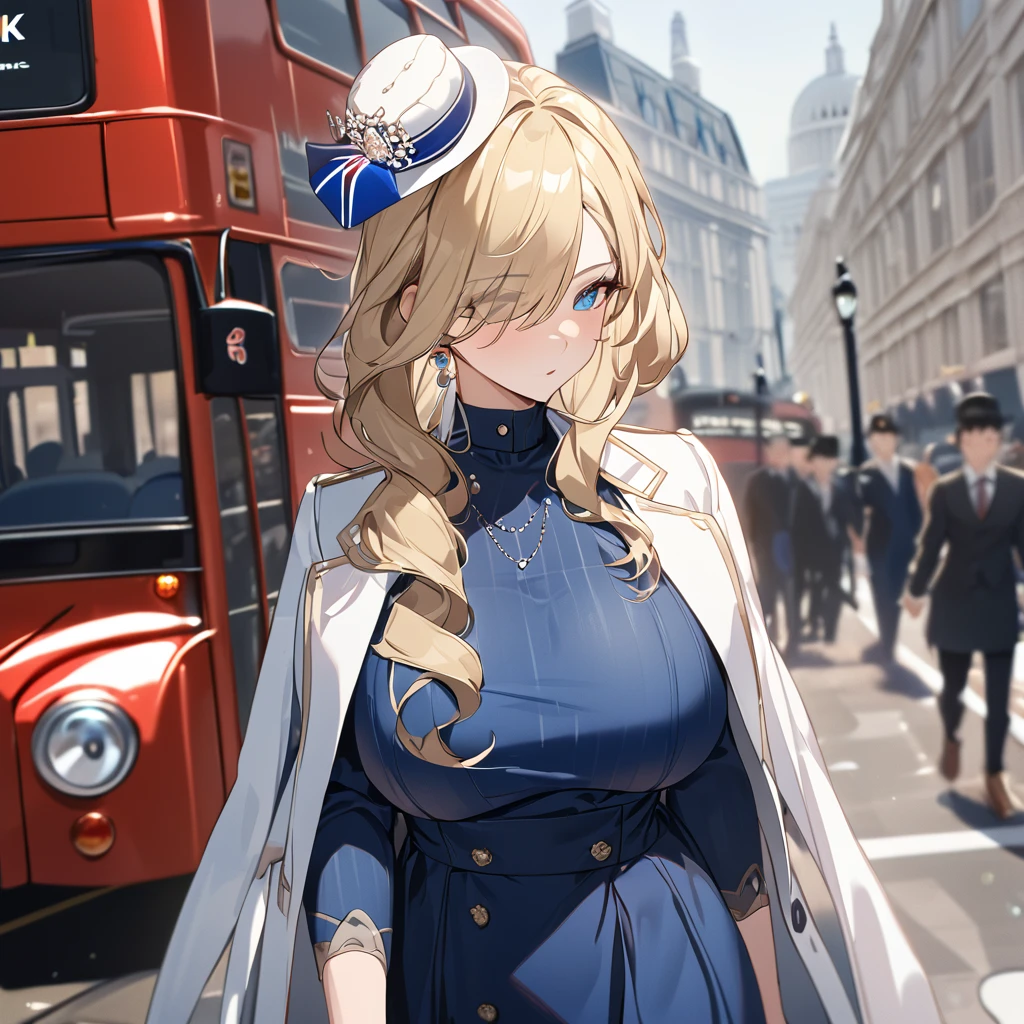 A woman, mature, big breast, wearing a blue dress with UK flag fabric, black boots, blonde hair, white madame hat, walking on the London city promenade, prime location in London, London bus in the background, blurred background, close view, blue eyes, UHD, prime work, accurate, anatomically correct, textured skin, super details, high quality, best quality, 8k, high resolution, bokeh effect . (woman alone)