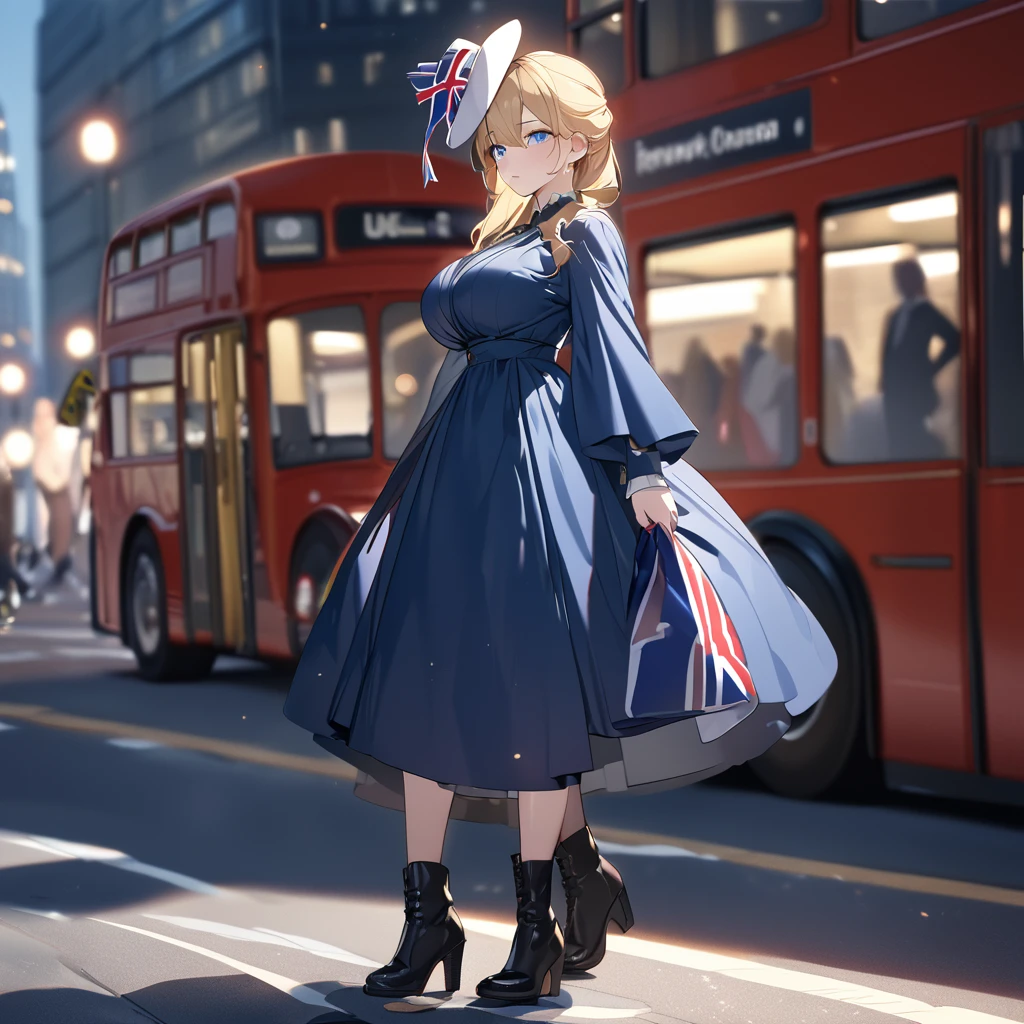 A woman, mature, big , wearing a blue dress with UK flag fabric, black boots, blonde hair, white madame hat, walking on the London city promenade, prime location in London, London bus in the background, blurred background, close view, blue eyes, UHD, prime work, accurate, anatomically correct, textured skin, super details, high quality, best quality, 8k, high resolution, bokeh effect . (woman alone)