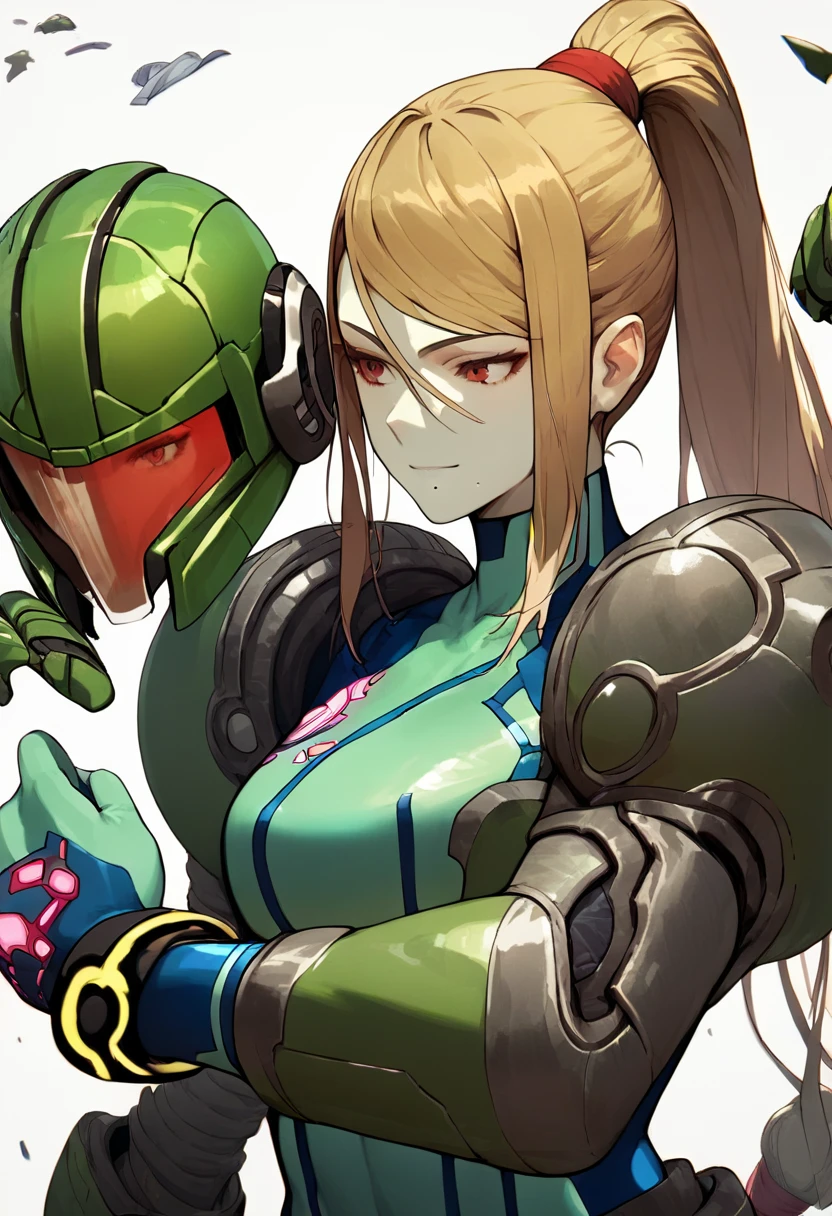 Cartoon photo of woman in green and red costume, hot insect humanoid woman, Guyver style, SFW version, red eye, scaraber reploid, tail, cel shade adult animation, alien queen, serpentine pose, --auto --s2