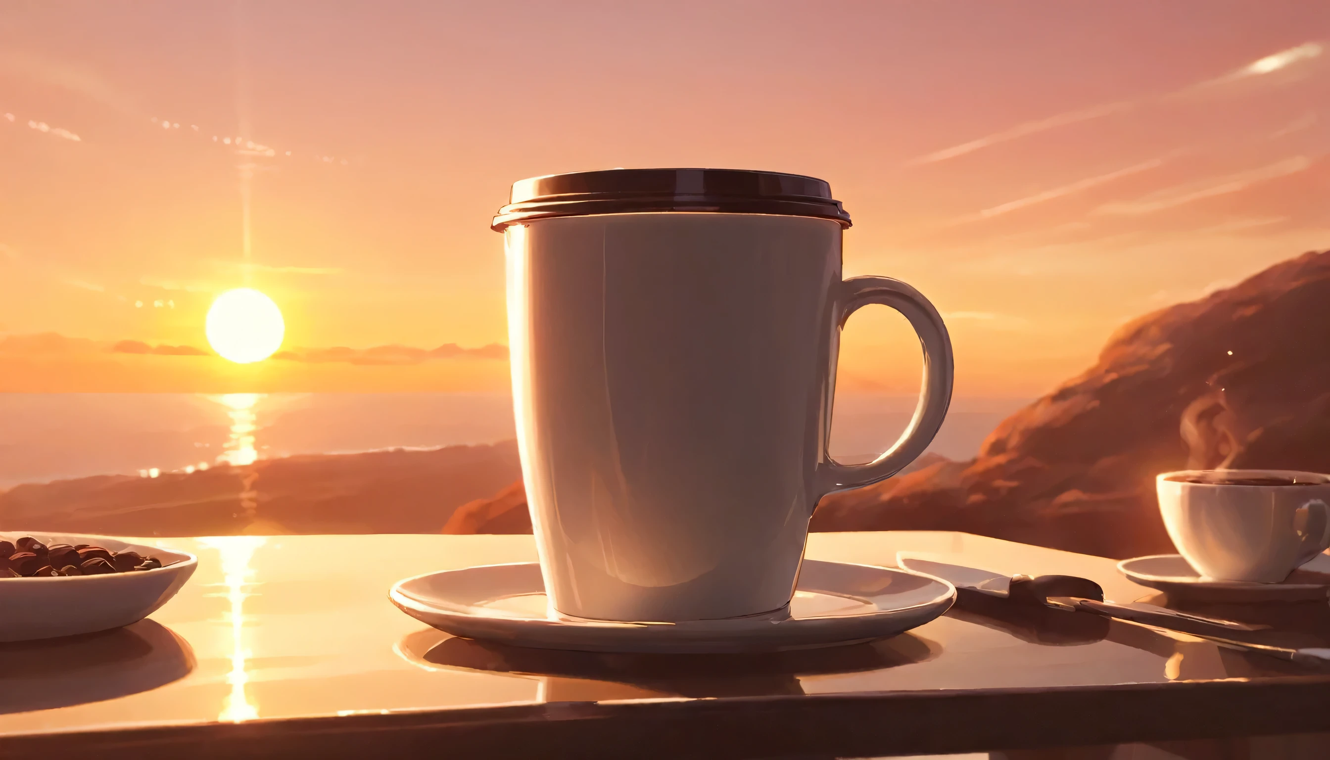 Coffee and sunrise/sunset: Spaceship in the sky. Capture something warm, The soft light of sunrise and sunset illuminates the coffee cup.、A calm and serene image.