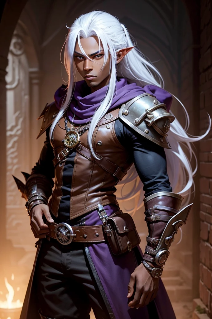 ((best quality)), ((masterpiece)), (detailed), ((boy)), ((mix between dungeonpunk and steampunk)), (serious), dark skinned, human, upper body, portrait, red eyes, long white hair, Xemnas from Kingdom Hearts, half-drow, pointy ears, serious face, dramatic lighting, purple hue, art by Kinema Citrus and Tetsuya Nomura