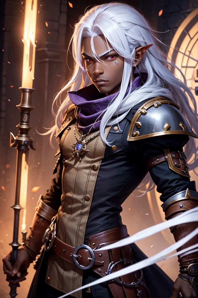 ((best quality)), ((masterpiece)), (detailed), ((boy)), ((mix between dungeonpunk and steampunk)), (serious), dark skinned, human, upper body, portrait, red eyes, long white hair, Xemnas from Kingdom Hearts, half-drow, pointy ears, serious face, dramatic lighting, purple hue, art by Kinema Citrus and Tetsuya Nomura