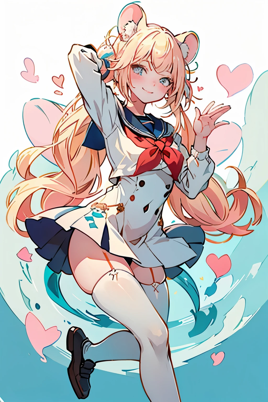 Top-quality, Anime-style Masterpiece, Cute Anthropomorphic Mouse Girl
1girl, solo, full body, front view, look-at-viewer, cheerful expression, large blue eyes, long flowing white hair, prominent mouse ears, navy blue romper with mouse graphic, little bows, white thigh-high socks, pink blush on cheeks, hands raised in a "pawing" gesture, minimalistic light background with pink hearts, playful whimsical typographic element.
The Illustration of the Cheerful, Anthropomorphic Mouse Girl -- a Mischievous and Playful Creation
The illustration showcases a cute, anthropomorphic mouse girl