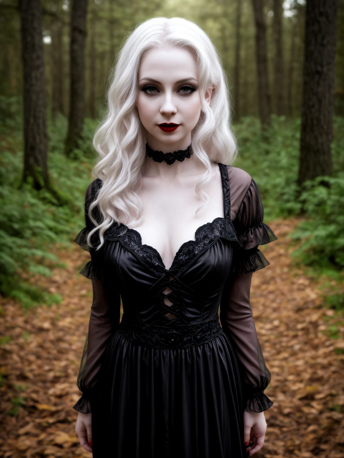 female sexy vampire|albino, pale porcelain skin, sexy vintage black dress, smile, shallow depth of field, grin|creepy, nightfall, detailed face, night, wide hips, narrow waist, portrait of woman standing, detailed eyes, portrait of woman standing, 8k RAW photo, highest quality, looking at the viewer, best shadow, intricate details, long hair, bright eyes, forest, grave, gothic, goth detailed, highres, high qualilty, high saturation