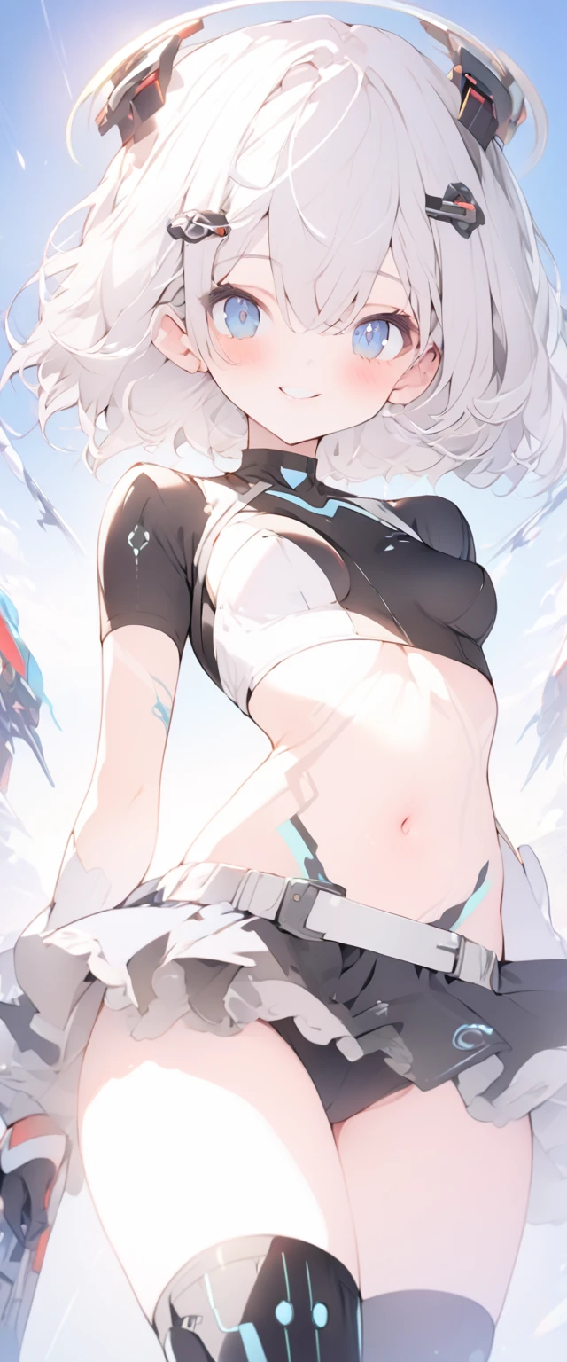 beautiful, masterpiece, Highest quality, anime, One girl, C Cup,Portrait Shot, View your viewers, Covered、Short Hair、nearby、Blue Eyes、art、、White hair,Blue streaked hair、wallpaper、hairpin、Cute smile、Thighs、navel、Floating sci-fi hair accessories、Sci-fi knee-high boots、Cute、Sci-fi underskirt、Sci-fi combat uniform、blue sky、Leather material、body paint、Beautiful 、
