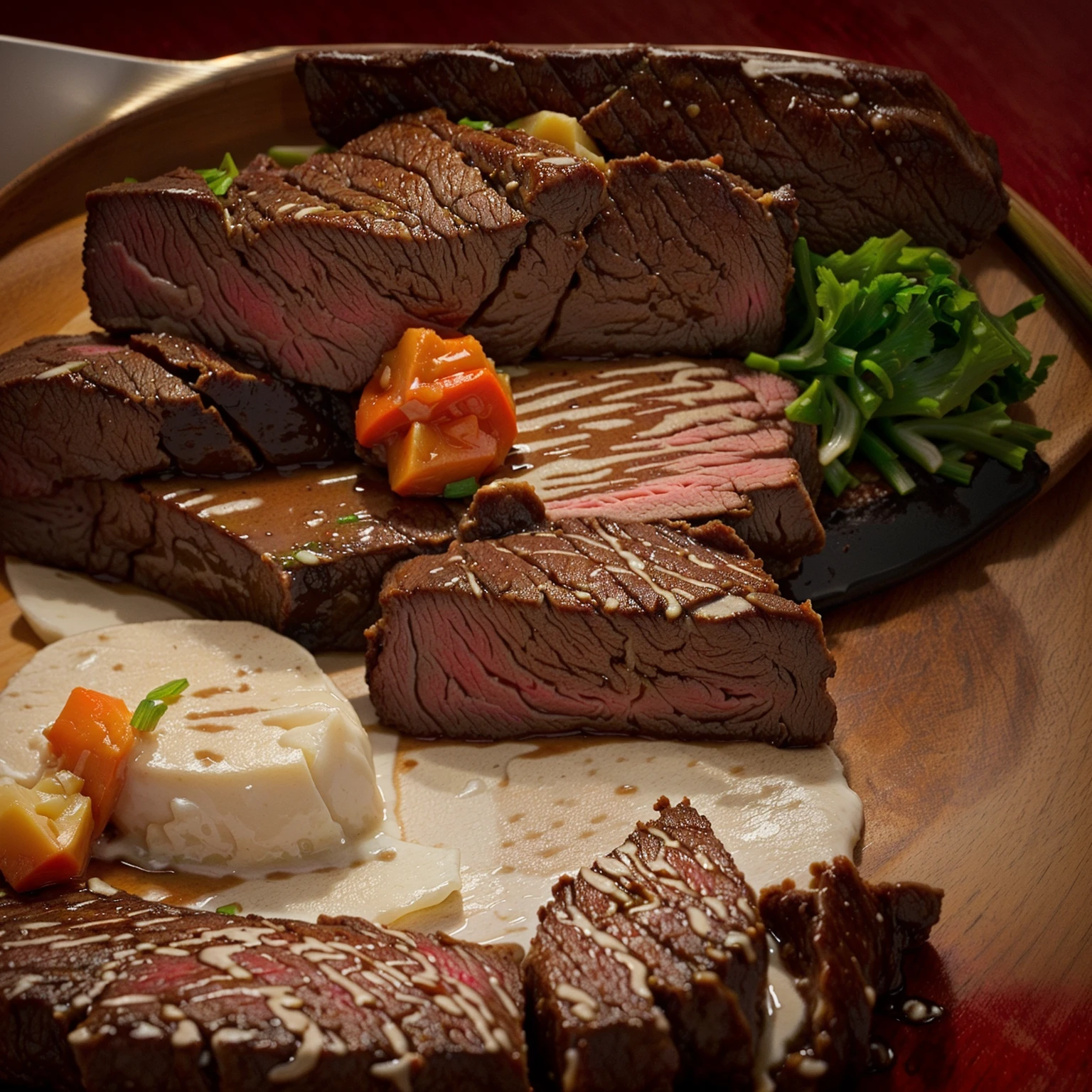 Close up of a plate of food with meat, rice, and vegetables, けもの, steak, served white on a plate, cooking, Komorebi, ((supersaturated)), Unedited, on a plate, beef, It's ready to eat.