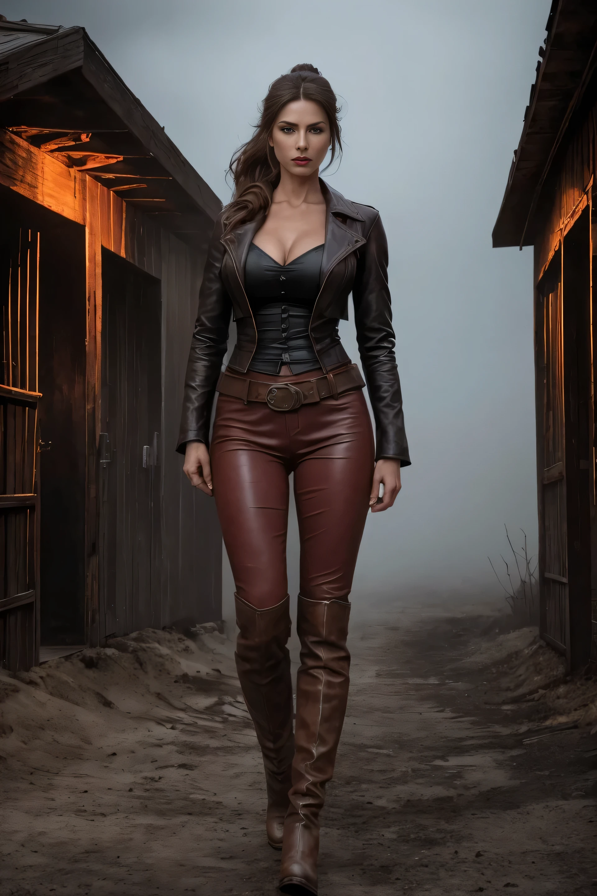 circa 1880s full length western cowboy woman, long brown ponytail, brown eyes, high arched eyebrows, long graceful neck, red lips, large breasts, tight brown leather pants, long leather coat, leather boots, desolate desolate American small town dusty walks on a sandy street, (realistic, photorealistic, photorealistic:1.37 ), horror, dark and gloomy atmosphere with dramatic lighting, dull reddish colors, Foggy environment, detailed facial expressions, Horrible fog