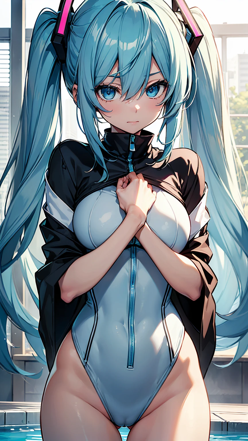 (Official Art、Highest quality、Unity 8k wallpaper、32k、 masterpiece、Ultra-detailed、High resolution,Perfect Anatomy),(Natural soft light:1.2),Beautiful face and eyes in every detail,20 year old beauty、Hatsune Miku VOCALOID, Twin tails,Light blue hair, Light blue eyes, Long Hair,(Slim lower body:1.5,skinny:1.3,Ideal body proportions,Medium chest)、Beautiful hand with five fingers、White competitive swimsuit,Pool、