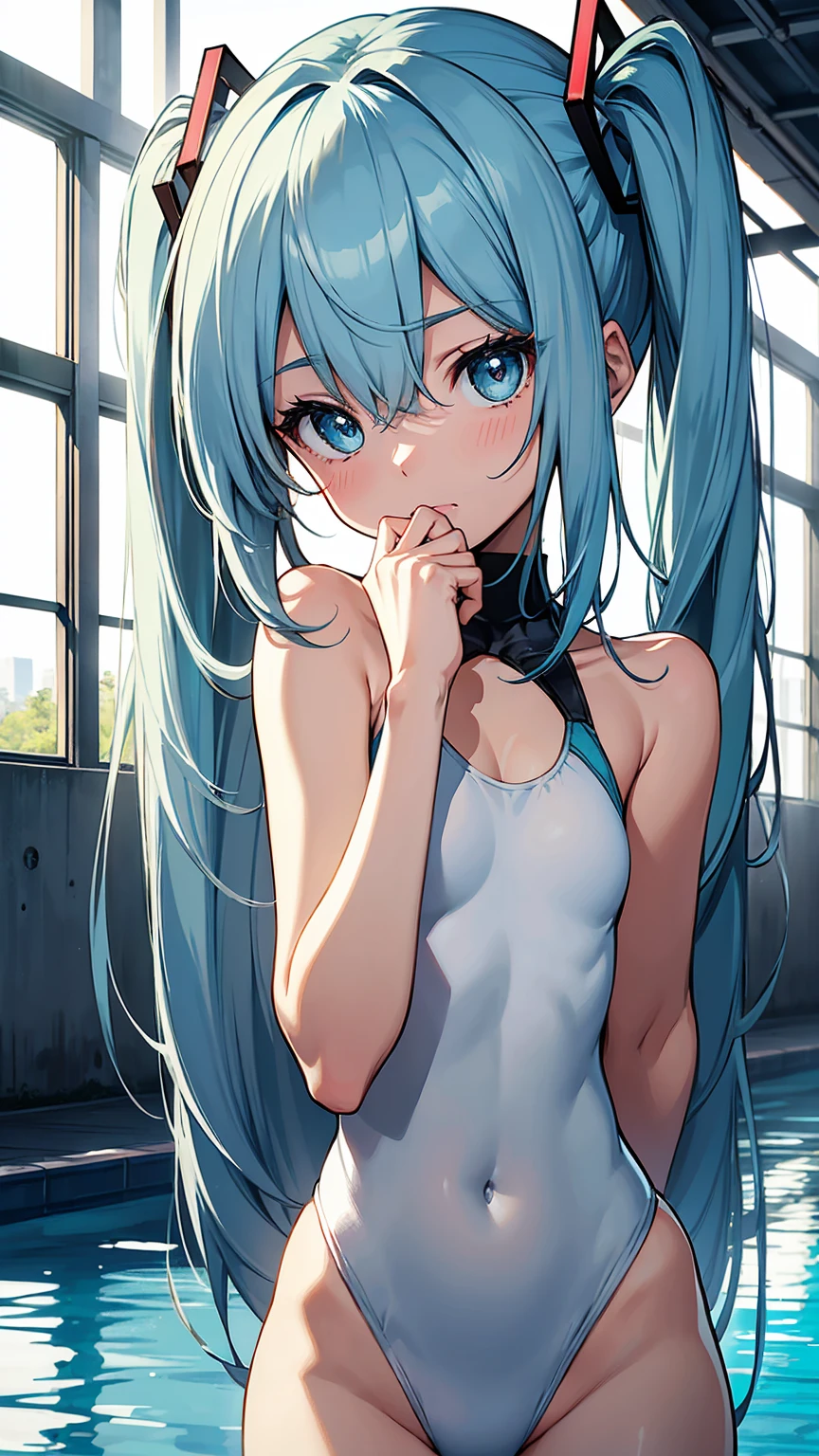 (Official Art、Highest quality、Unity 8k wallpaper、32k、 masterpiece、Ultra-detailed、High resolution,Perfect Anatomy),(Natural soft light:1.2),Beautiful face and eyes in every detail,20 year old beauty、Hatsune Miku VOCALOID, Twin tails,Light blue hair, Light blue eyes, Long Hair,(Slim lower body:1.5,skinny:1.3,Ideal body proportions,Medium chest)、Beautiful hand with five fingers、White competitive swimsuit,Pool、