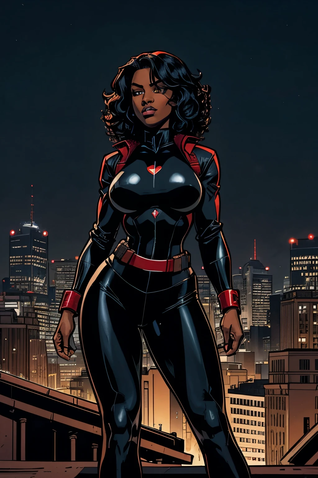 Cardinal, a gorgeous woman with (dark skin) wearing a modest black and red bodysuit, long sleeves, leggings.  Athletic, huge breasts, wide hips. very short curly black hair, batons. Utility belt. Confident. City skyline, rooftops.