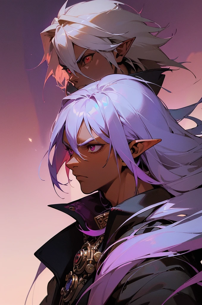 ((best quality)), ((masterpiece)), (detailed), ((boy)), ((mix between dungeonpunk and steampunk)), (serious), dark skinned, human, upper body, portrait, red eyes, long white hair, Xemnas from Kingdom Hearts, half-drow, pointy ears, serious face, dramatic lighting, purple hue, art by Kinema Citrus and Tetsuya Nomura
