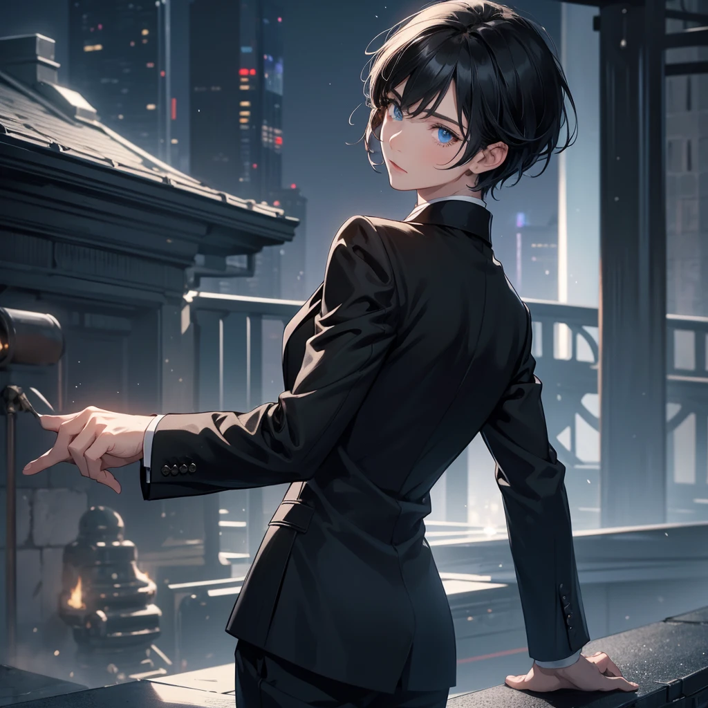 1boy, short black hair, blue eyes, wearing all black suits, on top of a building, high res, ultrasharp, 8k, masterpiece, looking at viewer from behind
