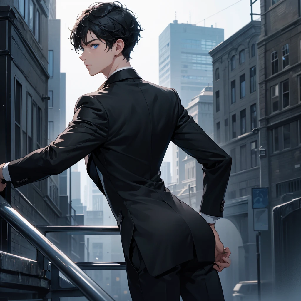 1boy, short black hair, blue eyes, wearing all black suits, on top of a building, high res, ultrasharp, 8k, masterpiece, looking at viewer from behind