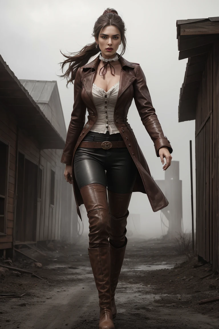 circa 1880s full length western cowboy woman, long brown ponytail, brown eyes, high arched eyebrows, long graceful neck, red lips, large breasts, tight brown leather pants, long leather coat, leather boots, desolate desolate American small town dusty walks on a sandy street, (realistic, photorealistic, photorealistic:1.37 ), horror, dark and gloomy atmosphere with dramatic lighting, dull reddish colors, Foggy environment, detailed facial expressions, Horrible fog