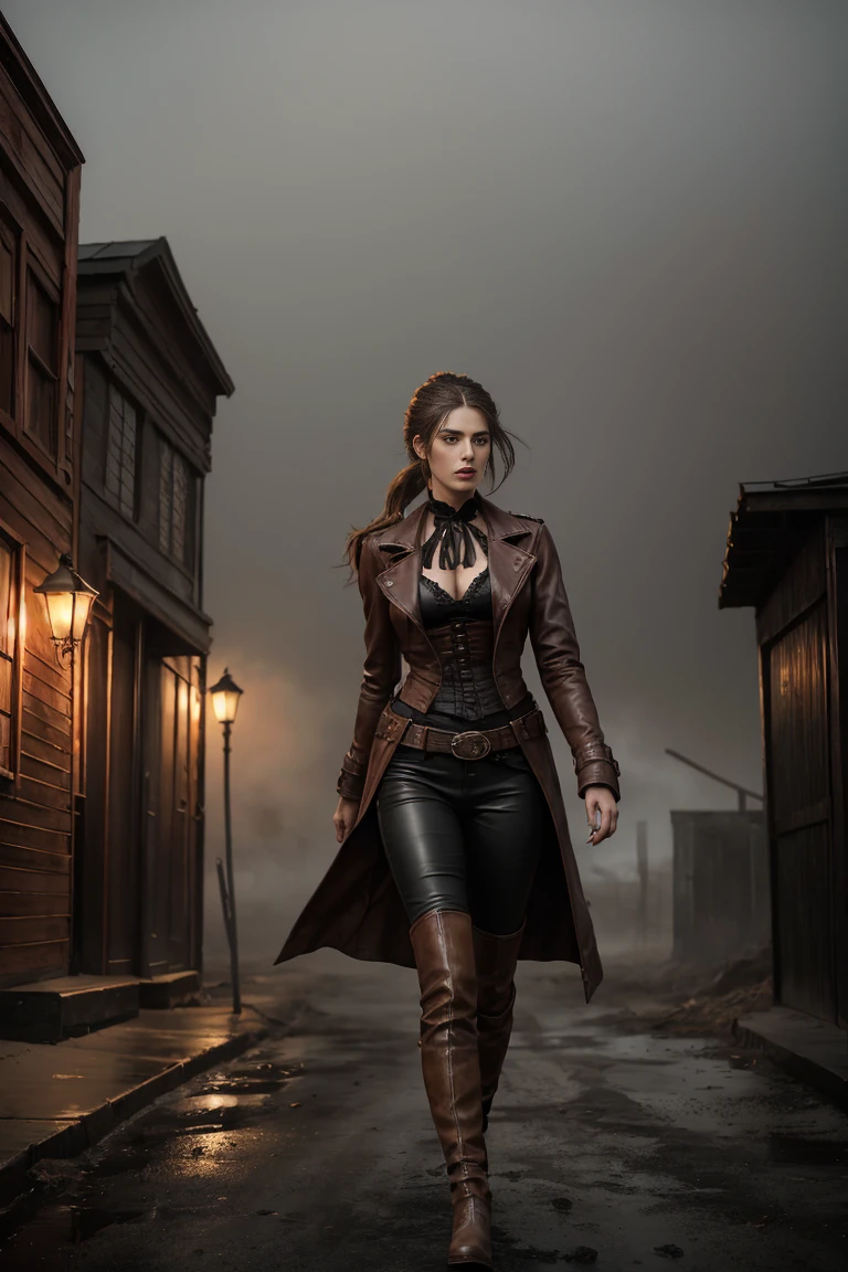 circa 1880s full length western cowboy woman, long brown ponytail, brown eyes, high arched eyebrows, long graceful neck, red lips, large breasts, tight brown leather pants, long leather coat, leather boots, desolate desolate American small town dusty walks on a sandy street, (realistic, photorealistic, photorealistic:1.37 ), horror, dark and gloomy atmosphere with dramatic lighting, dull reddish colors, Foggy environment, detailed facial expressions, Horrible fog