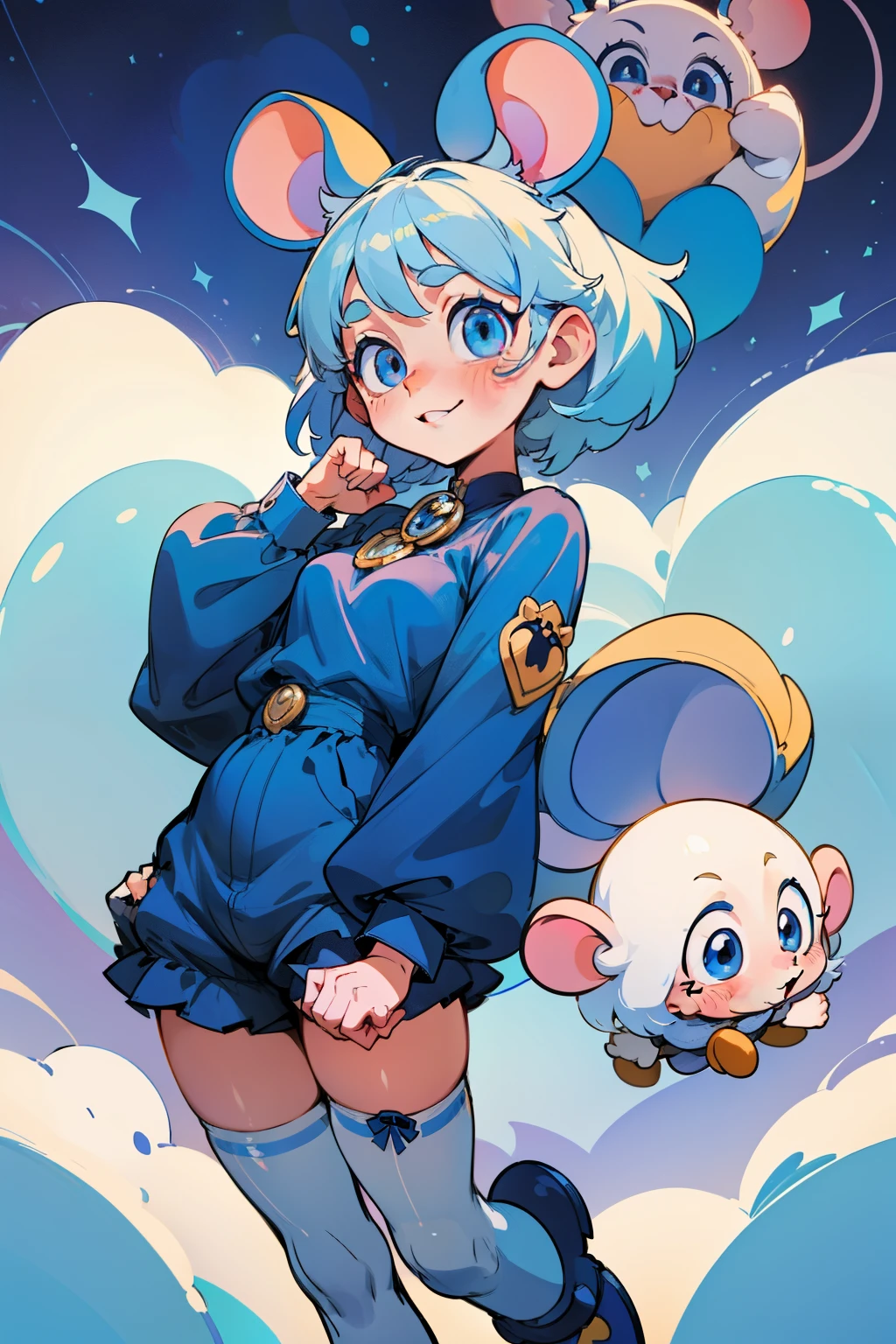 Create a visually captivating anime-style portrait of a charming anthropomorphic mouse girl. Her large, wide-spaced, and expressive blue eyes gleam with youthful spirit, while her long, cascading white hair, reminiscent of a cotton cloud, frames her endearing face. Prominent, mouse-like ears add to her irresistible cuteness. Dressed in a navy blue romper adorned with a charming mouse graphic on the chest, complete with little bows, she exudes playfulness. White thigh-high socks completes her adorable ensemble. Her cheerful expression, accompanied by a slight blush on her cheeks, is captivating as she raises her paws