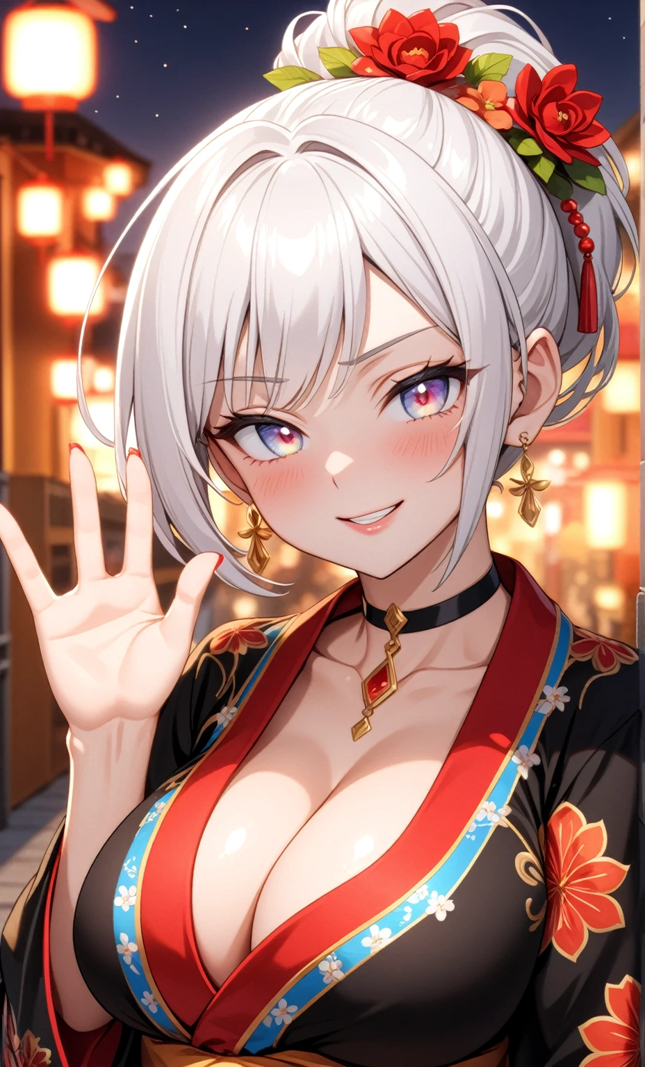 ((One personの女性)), Beautiful Face,embarrassed, ((Wink:1.9)),Laugh with your mouth wide open,Waving to the audience, ((Bright red cheeks:1.4)),Glossy red lips,night,rooftop,Festive decorations,You can see the ocean, firework,Lighting on the face,((Anime style background)),masterpiece, Highest quality, so beautiful,Latest, Complex details, (Pink long nails),(ring),(bracelet),(choker),AI-generated, Complex,High resolution, Highest quality, super high quality,3D Images、looking outside、3D Images,One person,Long white hair,High Ponytail,(blue eyes),Anime woman posing for a photo, ((Fine grain、Silvery white colorful eyes、Shining Eyes:1.4)),(Squint your eyes:1.1),a hyperRealistic , hyperRealistic , Realistic,Anime woman with long and white hair, Smooth anime CG art, A woman in a colorful kimono with gold embroidery, (Black long sleeve kimono),Red floral pattern,Long flower hair ornament,Big earrings,Mature Body,(Big Breasts:1.1),Tall,Abdominal muscles,Narrow waist,(Zoom in on face:1.8),Photographed from the front