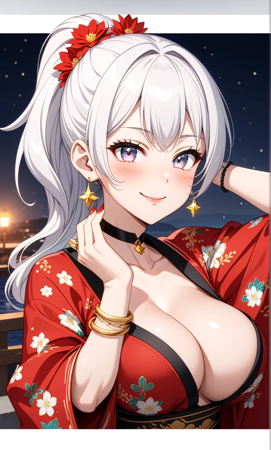((One personの女性)), Beautiful Face,embarrassed, ((Wink:1.9)),Laugh with your mouth wide open,Waving to the audience, ((Bright red cheeks:1.4)),Glossy red lips,night,rooftop,Festive decorations,You can see the ocean, firework,Lighting on the face,((Anime style background)),masterpiece, Highest quality, so beautiful,Latest, Complex details, (Pink long nails),(ring),(bracelet),(choker),AI-generated, Complex,High resolution, Highest quality, super high quality,3D Images、looking outside、3D Images,One person,Long white hair,High Ponytail,(blue eyes),Anime woman posing for a photo, ((Fine grain、Silvery white colorful eyes、Shining Eyes:1.4)),(Squint your eyes:1.1),a hyperRealistic , hyperRealistic , Realistic,Anime woman with long and white hair, Smooth anime CG art, A woman in a colorful kimono with gold embroidery, (Black long sleeve kimono),Red floral pattern,Long flower hair ornament,Big earrings,Mature Body,(Big Breasts:1.1),Tall,Abdominal muscles,Narrow waist,(Zoom in on face:1.8),Photographed from the front