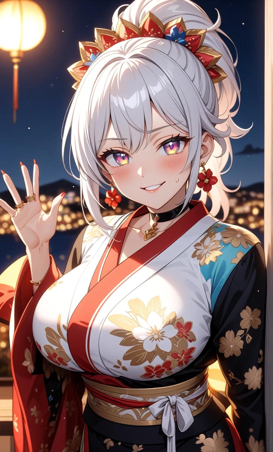 ((One personの女性)), Beautiful Face,embarrassed, ((Wink:1.9)),Laugh with your mouth wide open,Waving to the audience, ((Bright red cheeks:1.4)),Glossy red lips,night,rooftop,Festive decorations,You can see the ocean, firework,Lighting on the face,((Anime style background)),masterpiece, Highest quality, so beautiful,Latest, Complex details, (Pink long nails),(ring),(bracelet),(choker),AI-generated, Complex,High resolution, Highest quality, super high quality,3D Images、looking outside、3D Images,One person,Long white hair,High Ponytail,(blue eyes),Anime woman posing for a photo, ((Fine grain、Silvery white colorful eyes、Shining Eyes:1.4)),(Squint your eyes:1.1),a hyperRealistic , hyperRealistic , Realistic,Anime woman with long and white hair, Smooth anime CG art, A woman in a colorful kimono with gold embroidery, (Black long sleeve kimono),Red floral pattern,Long flower hair ornament,Big earrings,Mature Body,(Big Breasts:1.1),Tall,Abdominal muscles,Narrow waist,(Zoom in on face:1.8),Photographed from the front