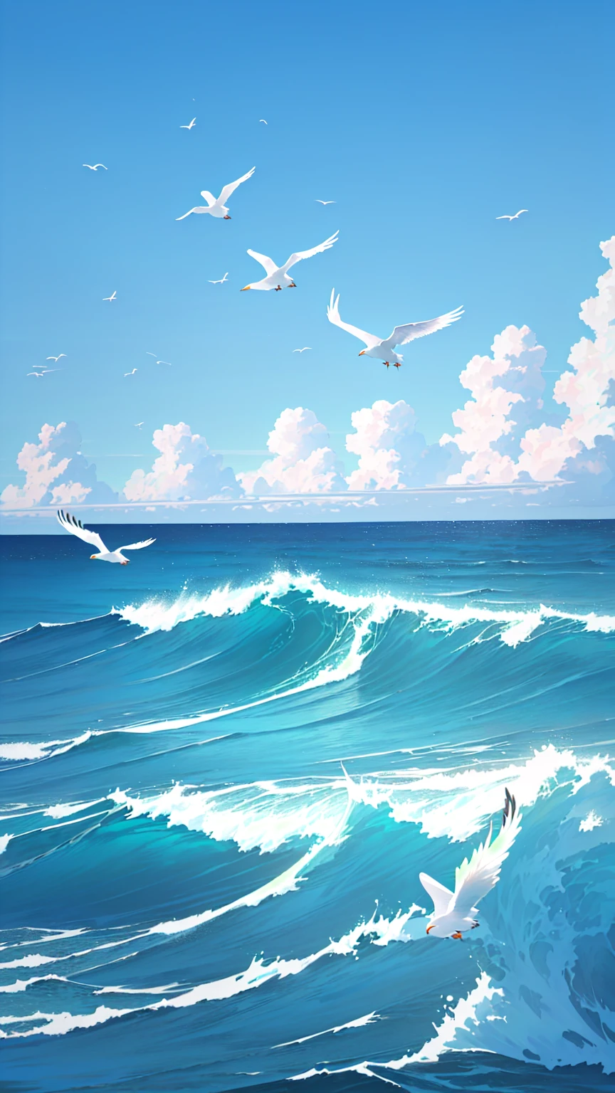 there are two seagulls Flying over the ocean on a sunny day, wild Ocean background, Sea background, Ocean background, Wallpaper Anime Blue Water, Beautiful Ocean, Blue Sea, sky and Ocean background, Sea and sky, Rough Seas, Flying over the ocean, Clouds、Wings and waves, Bright sea, Detailed sea, Beautiful sea view, realistic ocean, blue ocean,Seagull flying