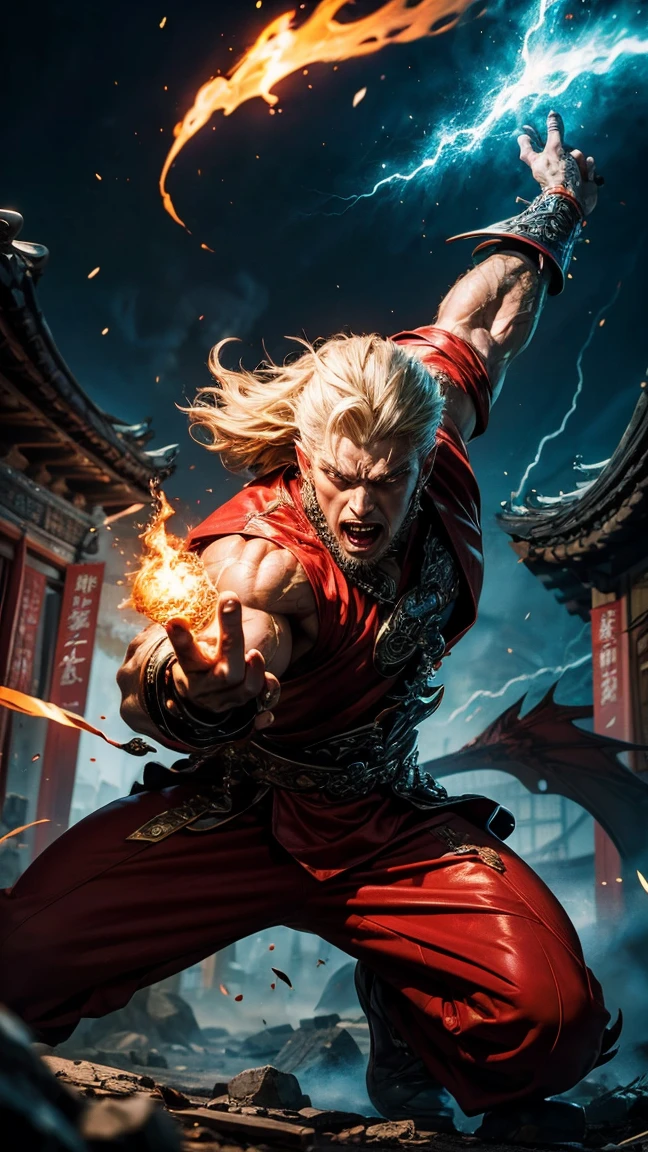 devil , a muscular Devil dressed in red, platinum blond hair, casting a powerfull spell, dramatic ball lightning between hands, dragon background, ancient chinese temple, highly detailed, photography, ultra sharp, film, bokeh, professional, 64k 