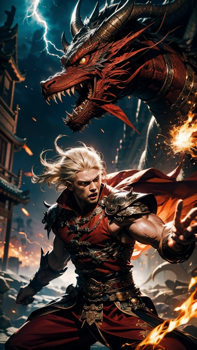 devil , a muscular Devil dressed in red, platinum blond hair, casting a powerfull spell, dramatic ball lightning between hands, dragon background, ancient chinese temple, highly detailed, photography, ultra sharp, film, bokeh, professional, 64k 