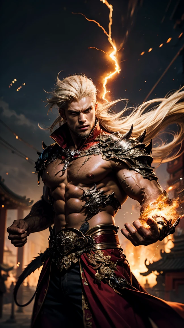 devil , a muscular Devil dressed in red, platinum blond hair, casting a powerfull spell, dramatic ball lightning between hands, dragon background, ancient chinese temple, highly detailed, photography, ultra sharp, film, bokeh, professional, 64k 