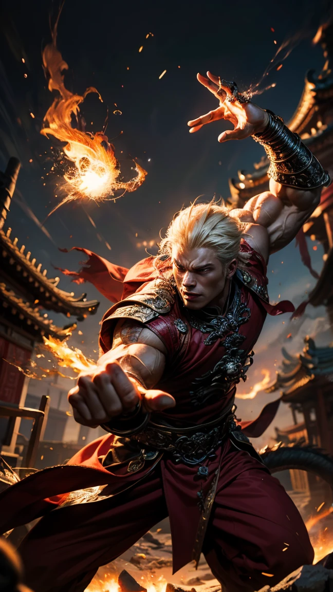 devil , a muscular Devil dressed in red, platinum blond hair, casting a powerfull spell, dramatic ball lightning between hands, dragon background, ancient chinese temple, highly detailed, photography, ultra sharp, film, bokeh, professional, 64k 