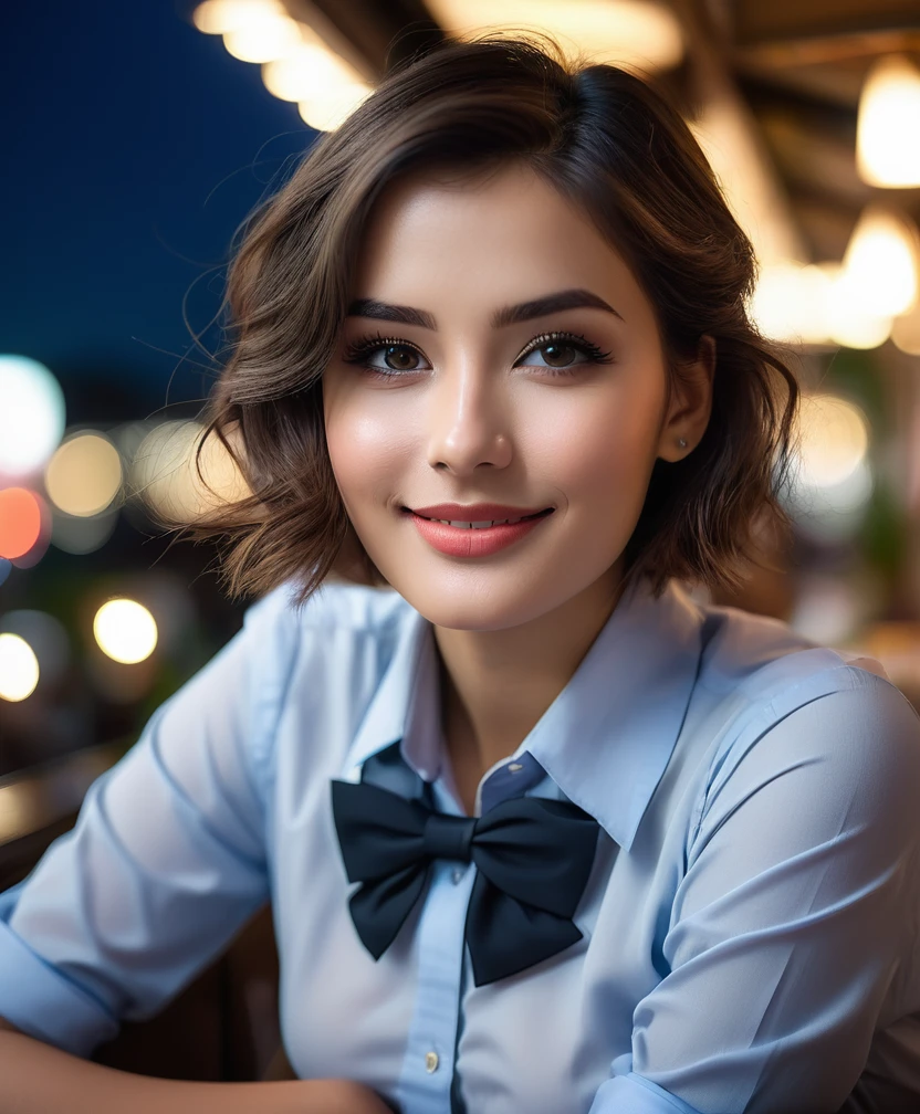 (8k, RAW photo, best quality, masterpiece:1.2), (realistic, photo-realistic:1.37), ultra-detailed,
1 girl,cute, solo,beautiful detailed sky,detailed cafe,night,sitting,dating,(nose blush),(smile:1.1),(closed mouth),large breasts,  smile, large aparture, professional lighting, Sony A7R4, Zessie 50mm F1.8,
Large breasts,beautiful detailed eyes,(collared shirt:1.1), bowtie,pleated skirt,(short hair:1.2),floating hair