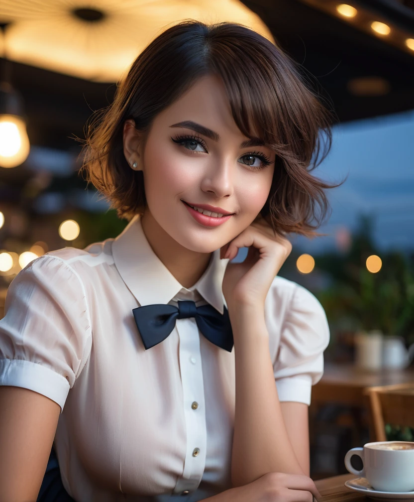 (8k, RAW photo, best quality, masterpiece:1.2), (realistic, photo-realistic:1.37), ultra-detailed,
1 girl,cute, solo,beautiful detailed sky,detailed cafe,night,sitting,dating,(nose blush),(smile:1.1),(closed mouth),large breasts, seductive smile, large aparture, professional lighting, Sony A7R4, Zessie 50mm F1.8,
Large breasts,beautiful detailed eyes,(collared shirt:1.1), bowtie,pleated skirt,(short hair:1.2),floating hair