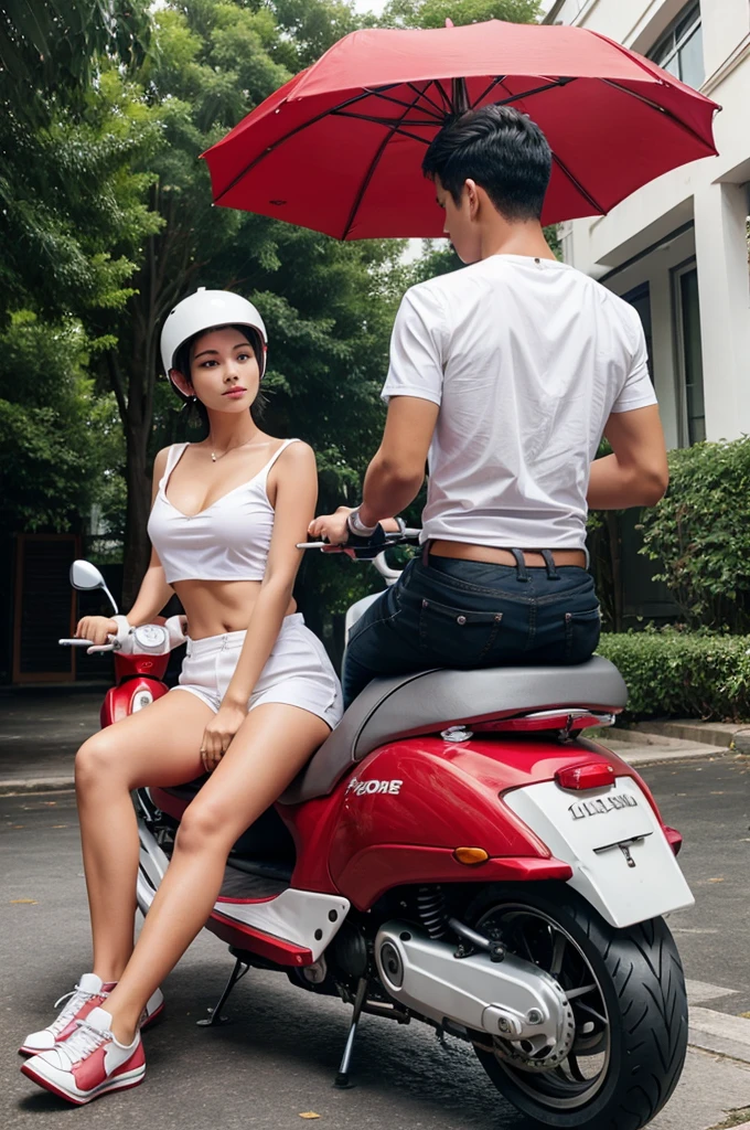 Boy in white shirt and girl in red top sitting on scooter in umbrella, back side