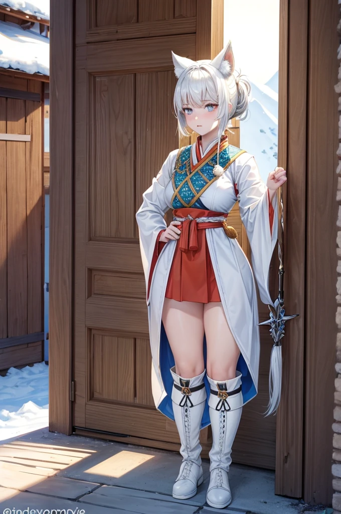 short white hair with white wolf ears, she has a short braided ponytail. She is wearing traditional finnish folk clothes from finland, its like sami clothing. She has a large greatsword on her with her and she is wearing long leather boots. Her body is muscular and strong, wide hips and thick thighs. Now the sun is setting and its time to go home to a snowy village. She has orange eyes, her both eyes are orange.