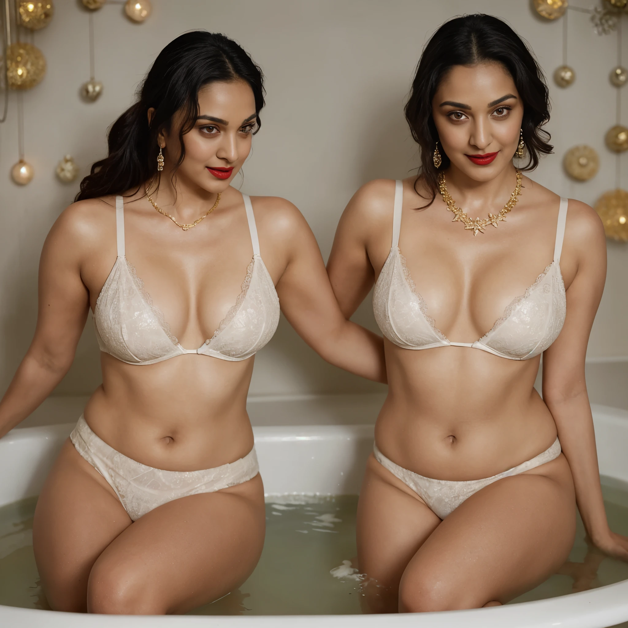 night scene,  ????? kiara, hourglass figure, swooping ???????, deep cleavage, curvy, armpits, seductive eyes, look at viewer and subtle smile, lying on bathtub and ?????????? with black man, necklace, red lips, ??????? popping out from white and gold demi bra and saree, sultry, white flowers on hair, ponytail, (cinematic:1.3), intricate details, (ArtStation:1.2)