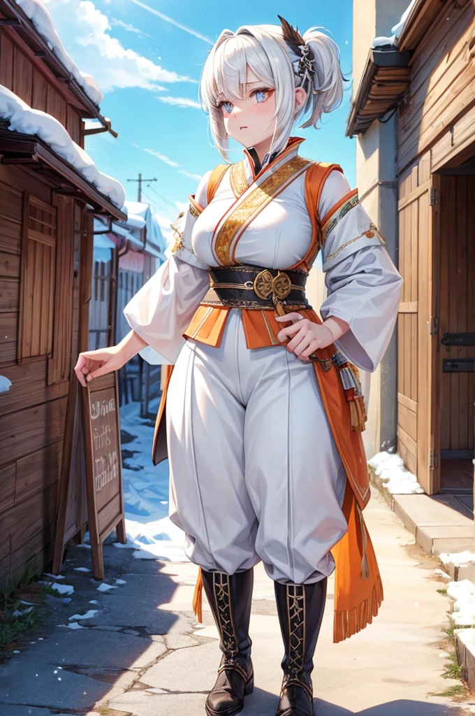 short white hair with white wolf ears, she has a short braided ponytail. She is wearing traditional finnish folk clothes from finland, its like sami clothing. She has a large greatsword on her with her and she is wearing long leather boots. Her body is muscular and strong, wide hips and thick thighs. Now the sun is setting and its time to go home to a snowy village. She has orange eyes, her both eyes are orange.