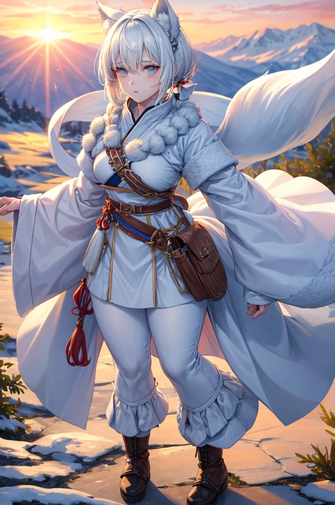 short white hair with white wolf ears, she has a short braided ponytail. She is wearing traditional finnish folk clothes from finland, its like sami clothing. She has a large greatsword on her with her and she is wearing long leather boots. Her body is muscular and strong, wide hips and thick thighs. Now the sun is setting and its time to go home to a snowy village. She has orange eyes, her both eyes are orange.