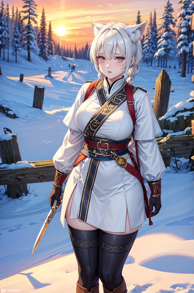 short white hair with white wolf ears, she has a short braided ponytail. She is wearing traditional finnish folk clothes from finland, its like sami clothing. She has a large greatsword on her with her and she is wearing long leather boots. Her body is muscular and strong, wide hips and thick thighs. Now the sun is setting and its time to go home to a snowy village. She has orange eyes, her both eyes are orange.