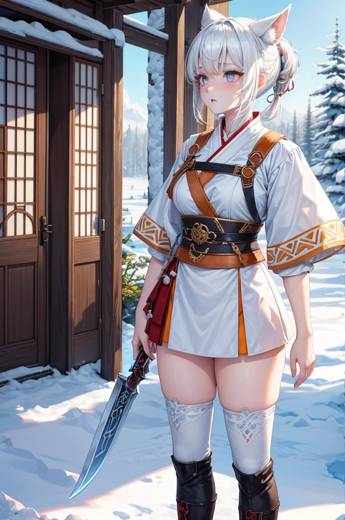 short white hair with white wolf ears, she has a short braided ponytail. She is wearing traditional finnish folk clothes from finland, its like sami clothing. She has a large greatsword on her with her and she is wearing long leather boots. Her body is muscular and strong, wide hips and thick thighs. Now the sun is setting and its time to go home to a snowy village. She has orange eyes, her both eyes are orange.