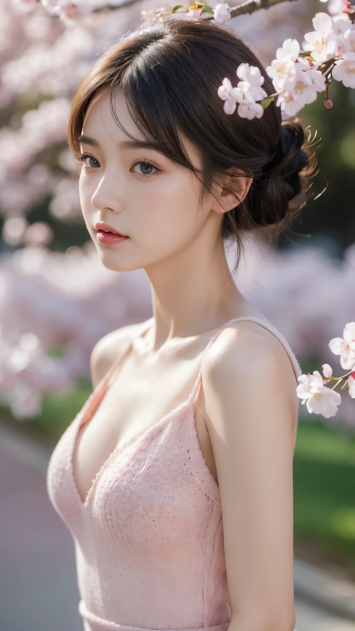 (masterpiece:1.3), (8k, Photoreal, RAW photo, best image quality: 1.4), (beautiful cherry blossom scenery,Walking along the cherry blossom trees),Instagram beauty,20 year old girl、(stylish knit dress)(random hairstyle:1.2)、super detail face、pay attention to details、double eyelid、sharp focus:1.2、Beautiful woman:1.4、light brown hair、highest quality、masterpiece、(Photoreal:1.4)、Highly detailed and professional lighting、Fashion Model、serious expression、short hair、transparent skin、random pose、shining hair