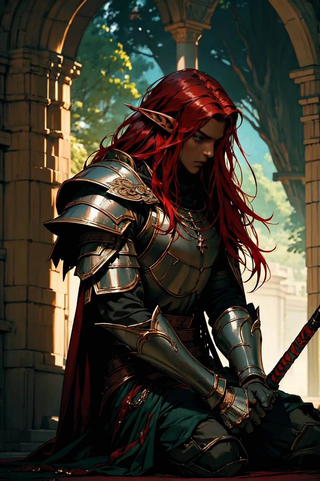 work of art, best qualityer, 1 men, grown-up, male focus, standing alone, red hair, long hair, vibrant green eyes, dark skin, ebony plus, dark elf, heavy armor, male, cloak, darkskin,  war cry, Fantasy aesthetic, highy detailed, shadowverse style, elf ear, elf knight armor. Holding Chinese halberd, going, writing, lying down, standing, on your back, fighting, dynamic poses. Get ready to dive into a world where beauty and craftsmanship merge perfectly