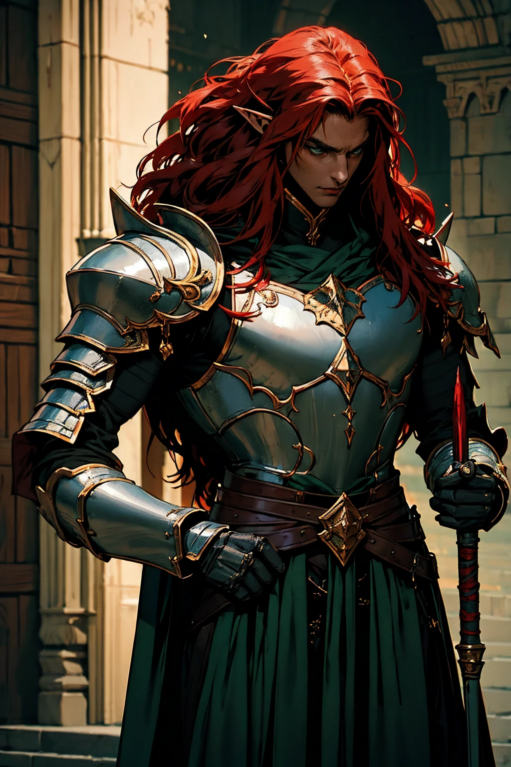 work of art, best qualityer, 1 men, grown-up, male focus, standing alone, red hair, long hair, vibrant green eyes, dark skin, ebony plus, dark elf, heavy armor, male, cloak, darkskin,  war cry, Fantasy aesthetic, highy detailed, shadowverse style, elf ear, elf knight armor. Holding Chinese halberd, going, writing, lying down, standing, on your back, fighting, dynamic poses. Get ready to dive into a world where beauty and craftsmanship merge perfectly