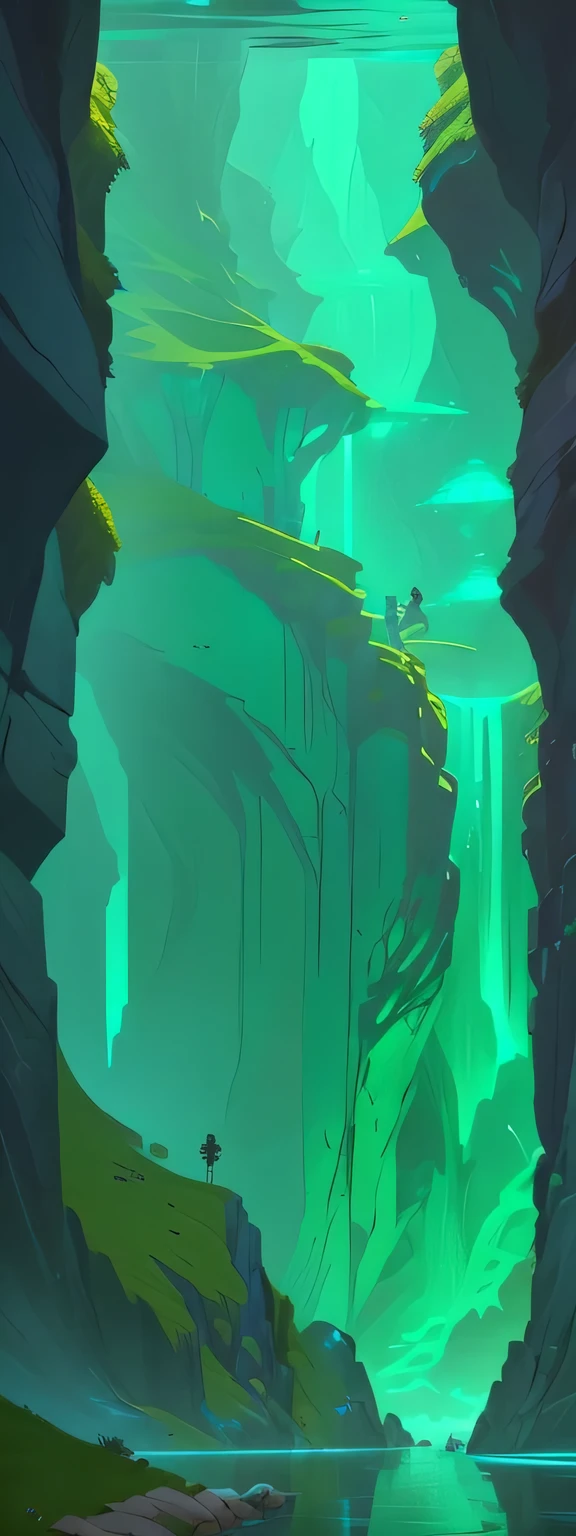 There is a cartoon,There is a river in the painting,River with rocks and water, Concept art of Stylization, Stylization, background technology, wakfu color + symmetry, Loish and wlop, Loish |, Very coherent Stylization artwork, Water Cave, Draw as game concept art, Stylization, Green Water, Stylization Shadow