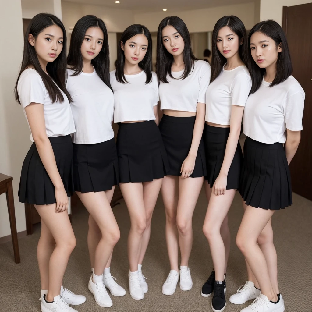 hot pants、Seductive smile、Supermodel、Perfect build、Muchimuchi、Three girls are looking at the viewer、　3 girls、、beautiful feet、smile、black sister、short ruffle skirt、