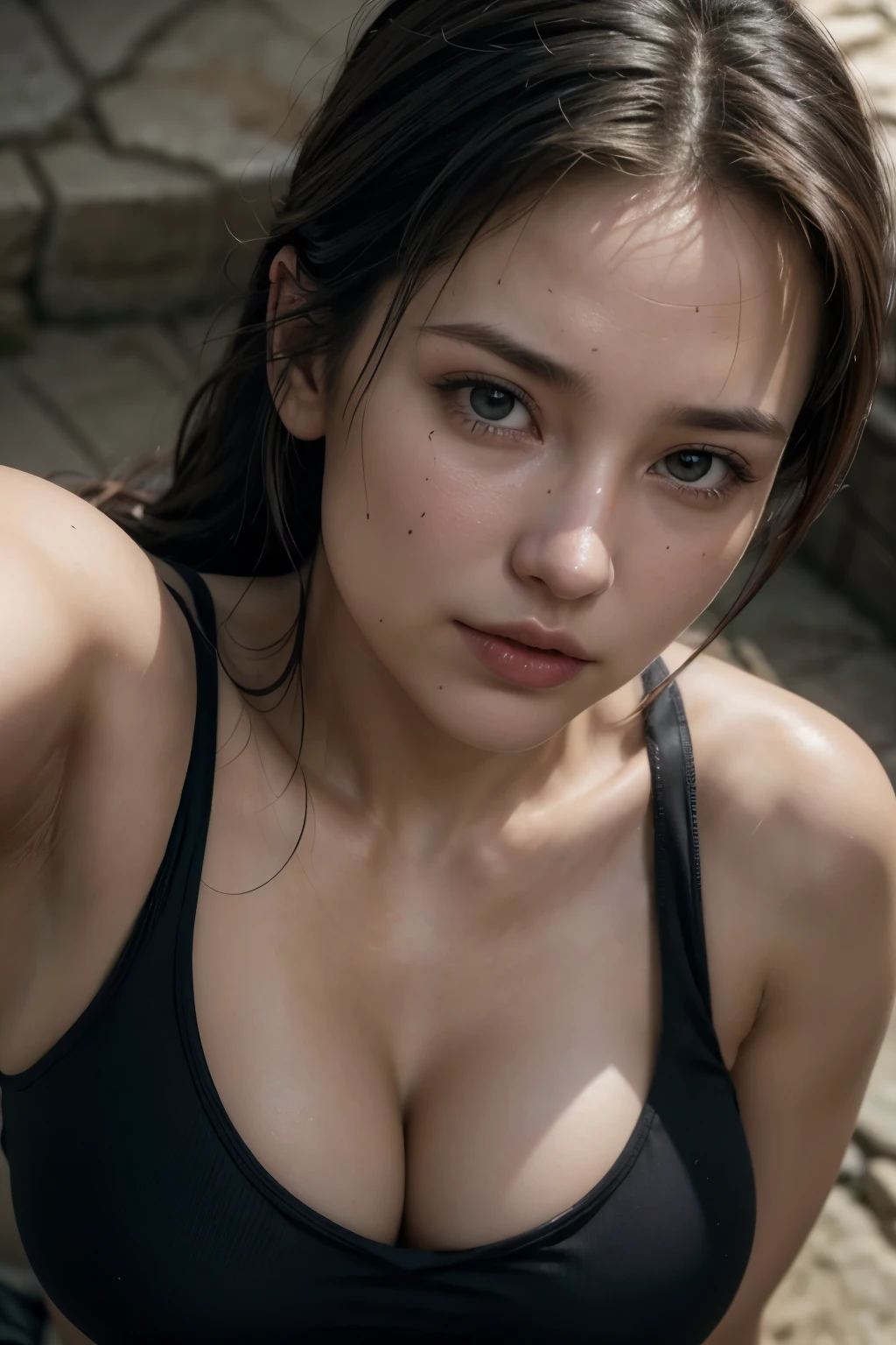 from the ground, From above, 360° camera shot, Extreme close up on the chest of a beautiful ultra hot woman Lara Croft closing her eyes